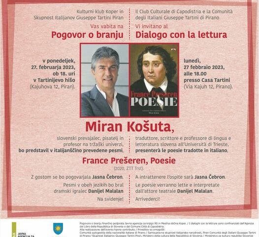 , VABILO NA POGOVOR O BRANJU &#8211; MIRAN KOŠUTA, Italijanska skupnost Giuseppe Tartini Piran