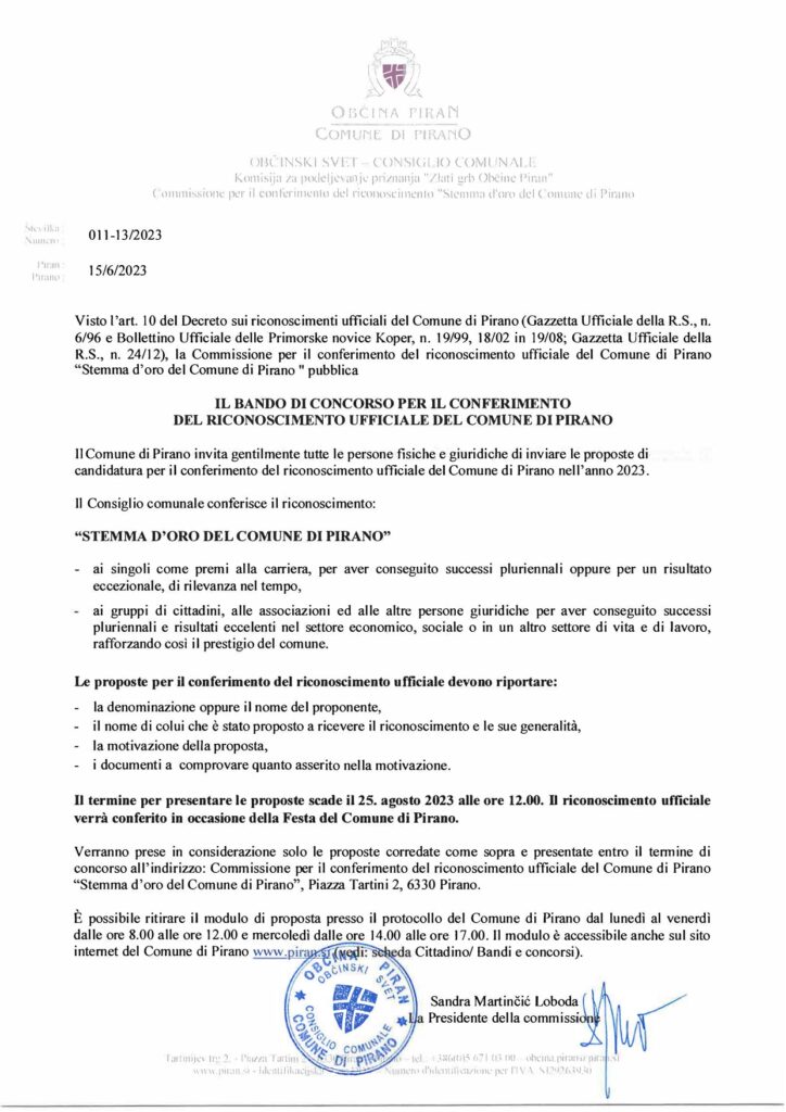 , Bando per Stemma d&#8217;oro del Comune di Pirano, Comunita degli Italiani Giuseppe Tartini Pirano