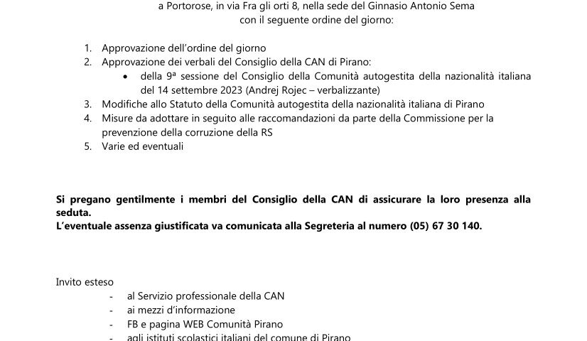 , Invito alla 10a sessione del consiglio della Comunità autogestita della Nazionalità italiana di Pirano, Comunita degli Italiani Giuseppe Tartini Pirano