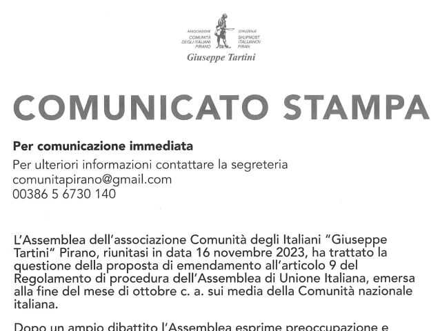 , Comunicato stampa dell&#8217;Assemblea della Comunità degli Italiani &#8220;Giuseppe Tartini&#8221; Pirano, Comunita degli Italiani Giuseppe Tartini Pirano