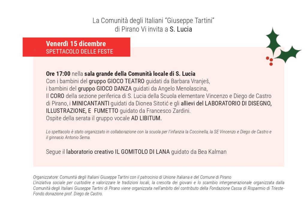 , Eventi della settimana 11 &#8211; 17 dicembre, Comunita degli Italiani Giuseppe Tartini Pirano