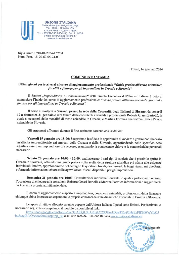 , Ultimi giorni per iscriversi al corso di aggiornamento professionale &#8221;Guida pratica all&#8217;avvio aziendale&#8221;, Comunita degli Italiani Giuseppe Tartini Pirano