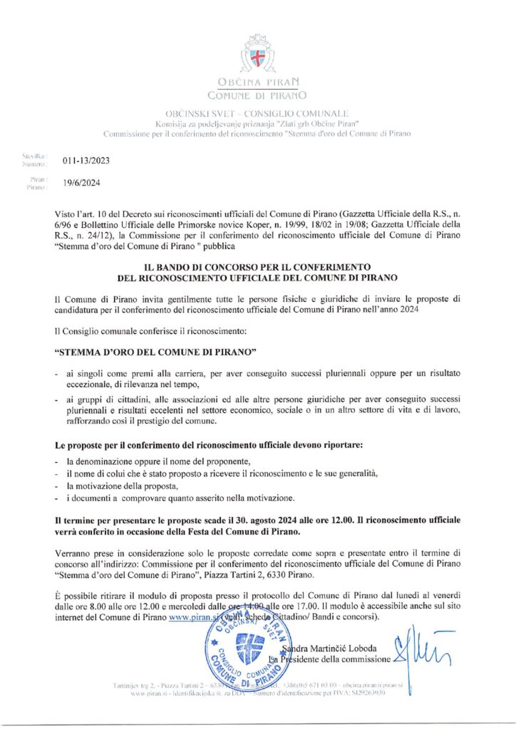 , Bando di concorso per il conferimento del Riconoscimento Ufficiale del Comune di Pirano, Comunita degli Italiani Giuseppe Tartini Pirano