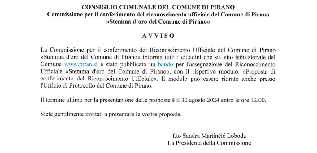 , Bando di concorso per il conferimento del Riconoscimento Ufficiale del Comune di Pirano, Comunita degli Italiani Giuseppe Tartini Pirano