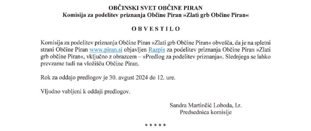 , Razpis za podelitev priznanja Občine Piran, Italijanska skupnost Giuseppe Tartini Piran