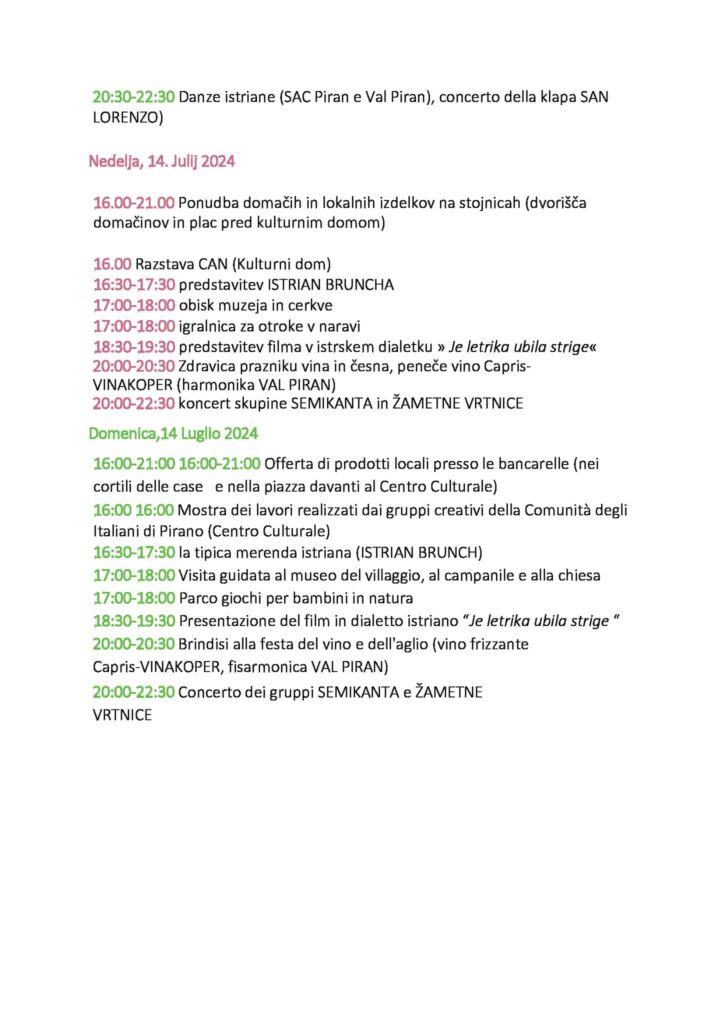 , Il programma degli eventi in calendario per questa settimana, Comunita degli Italiani Giuseppe Tartini Pirano