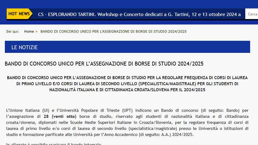 , Bando di concorso &#8211; Borse di studio per studenti di nazionalità italiana, Comunita degli Italiani Giuseppe Tartini Pirano