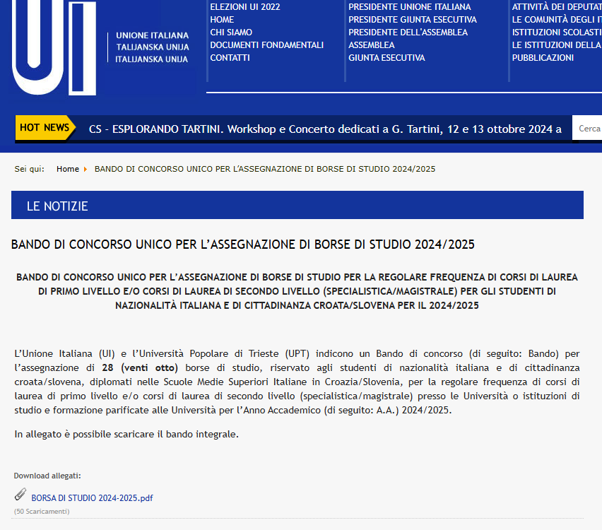 , Bando di concorso &#8211; Borse di studio per studenti di nazionalità italiana, Comunita degli Italiani Giuseppe Tartini Pirano