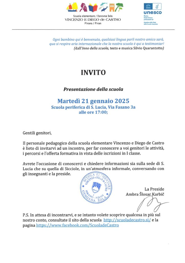 , Gentilmente invitati alla presentazione della scuola, Comunita degli Italiani Giuseppe Tartini Pirano