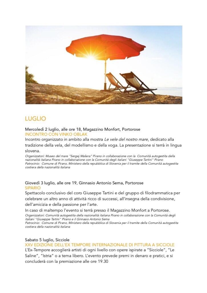 , Eventi di luglio 2025: tradizione, musica, teatro, festival, arte e natura, Comunita degli Italiani Giuseppe Tartini Pirano