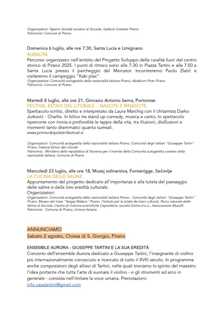 , Eventi di luglio 2025: tradizione, musica, teatro, festival, arte e natura, Comunita degli Italiani Giuseppe Tartini Pirano
