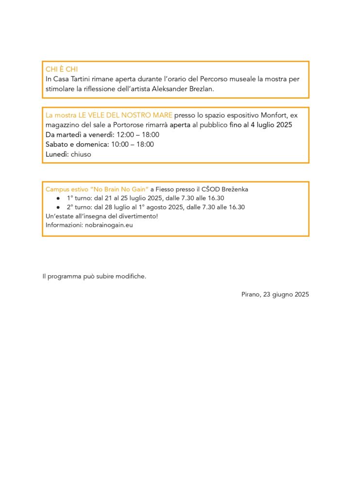 , Eventi di luglio 2025: tradizione, musica, teatro, festival, arte e natura, Comunita degli Italiani Giuseppe Tartini Pirano