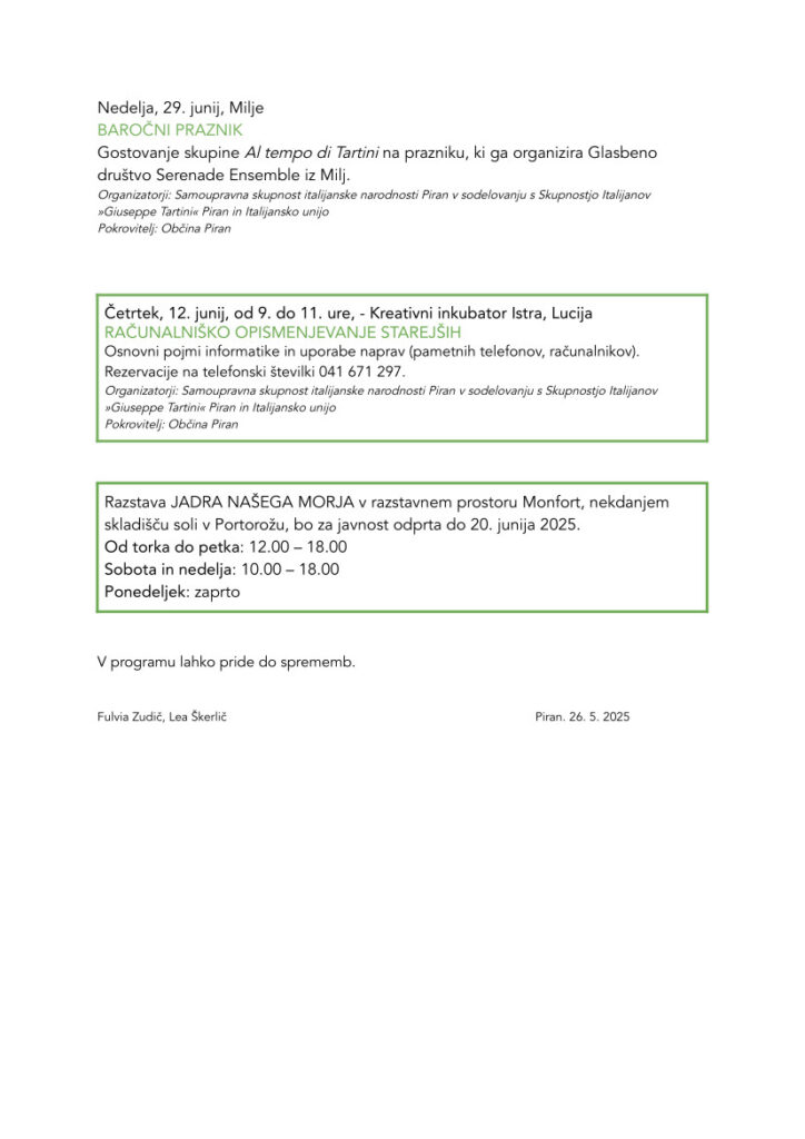 , Napovednik dogodkov &#8211; junij 2025, Italijanska skupnost Giuseppe Tartini Piran
