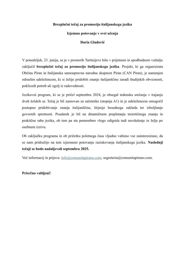 , Tečaj italijanščine 2025/2026 &#8211; Promocija, Italijanska skupnost Giuseppe Tartini Piran