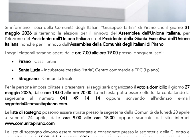 , Elezioni 2026 – Comunit&agrave; degli Italiani “Giuseppe Tartini” Pirano e Unione Italiana, Comunita degli Italiani Giuseppe Tartini Pirano