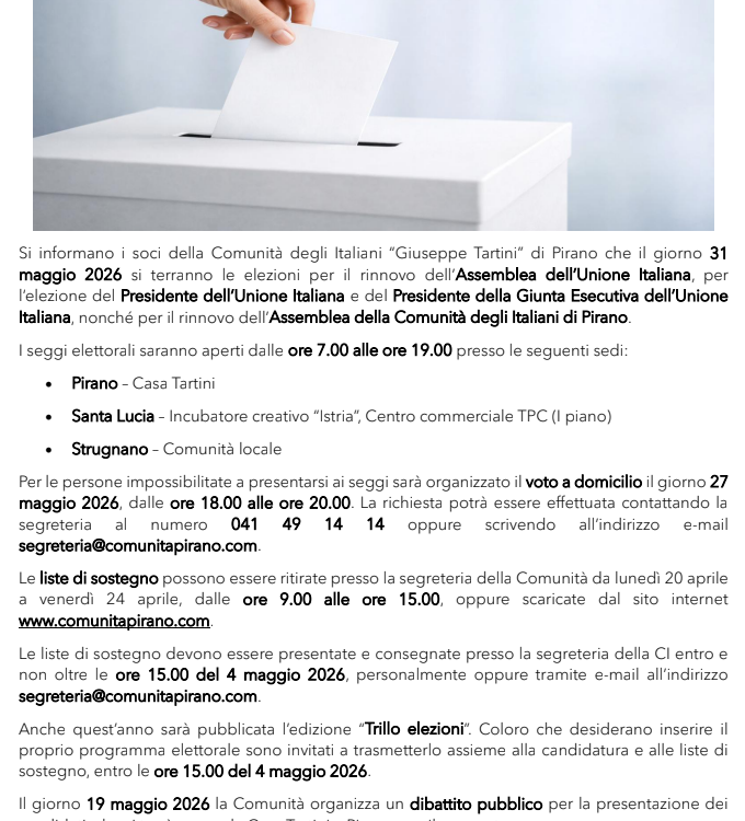 , Elezioni 2026 – Comunit&agrave; degli Italiani “Giuseppe Tartini” Pirano e Unione Italiana, Comunita degli Italiani Giuseppe Tartini Pirano