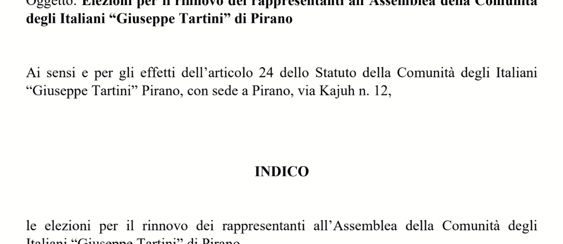 , Indette le elezioni per il rinnovo dell&rsquo;Assemblea della Comunit&agrave; degli Italiani &ldquo;Giuseppe Tartini&rdquo; di Pirano, Comunita degli Italiani Giuseppe Tartini Pirano