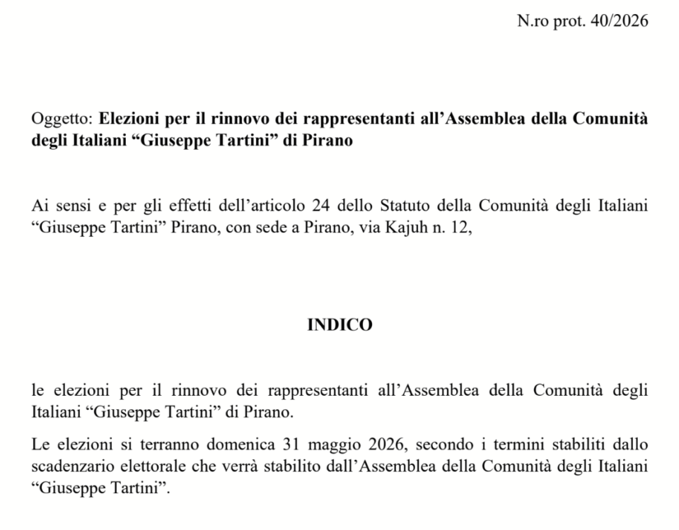 , Indette le elezioni per il rinnovo dell&rsquo;Assemblea della Comunit&agrave; degli Italiani &ldquo;Giuseppe Tartini&rdquo; di Pirano, Comunita degli Italiani Giuseppe Tartini Pirano