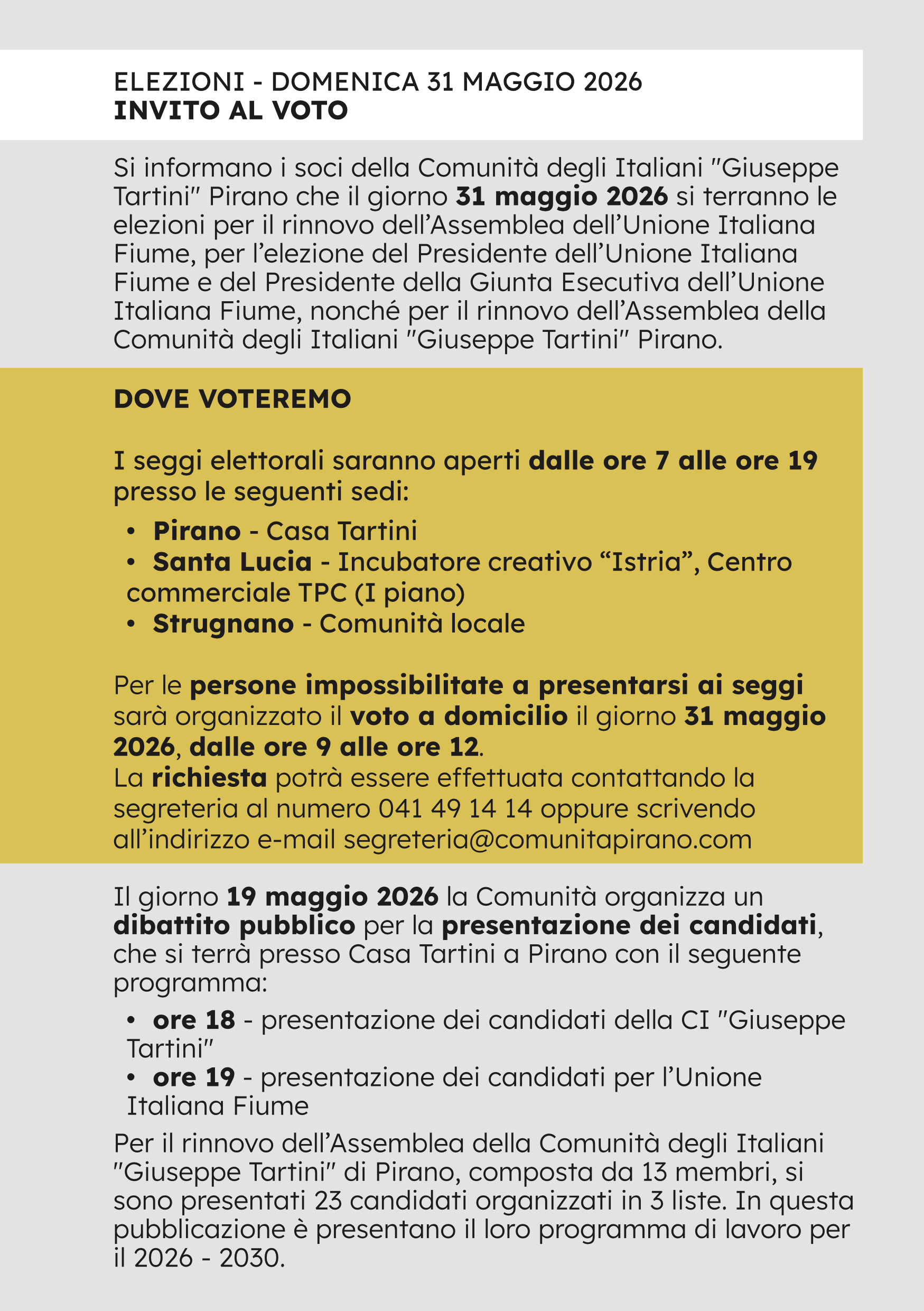 , Invito al voto 2026, Comunita degli Italiani Giuseppe Tartini Pirano