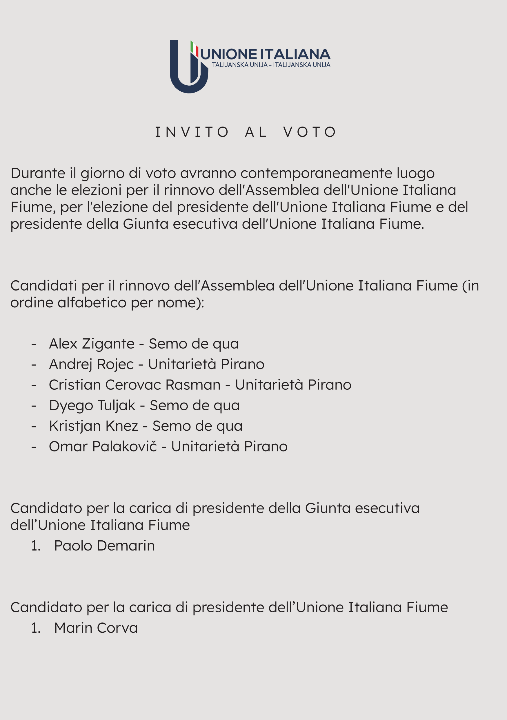 , Invito al voto 2026, Comunita degli Italiani Giuseppe Tartini Pirano