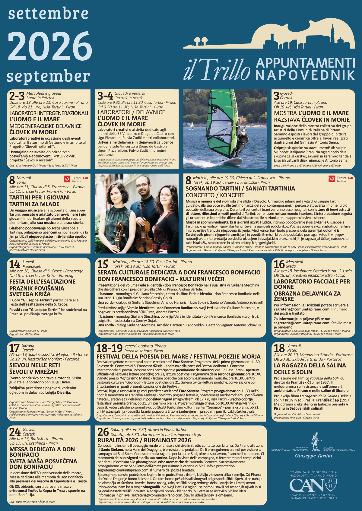 , Il calendario con gli appuntamenti di settembre 2026, Comunita degli Italiani Giuseppe Tartini Pirano