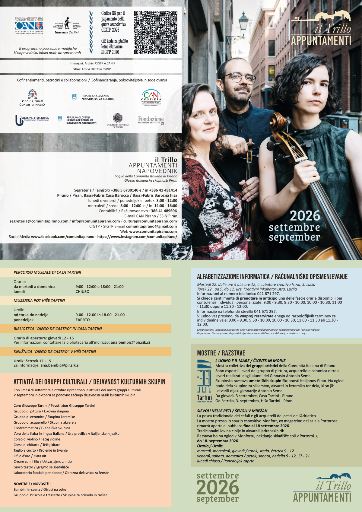 , Il calendario con gli appuntamenti di settembre 2026, Comunita degli Italiani Giuseppe Tartini Pirano